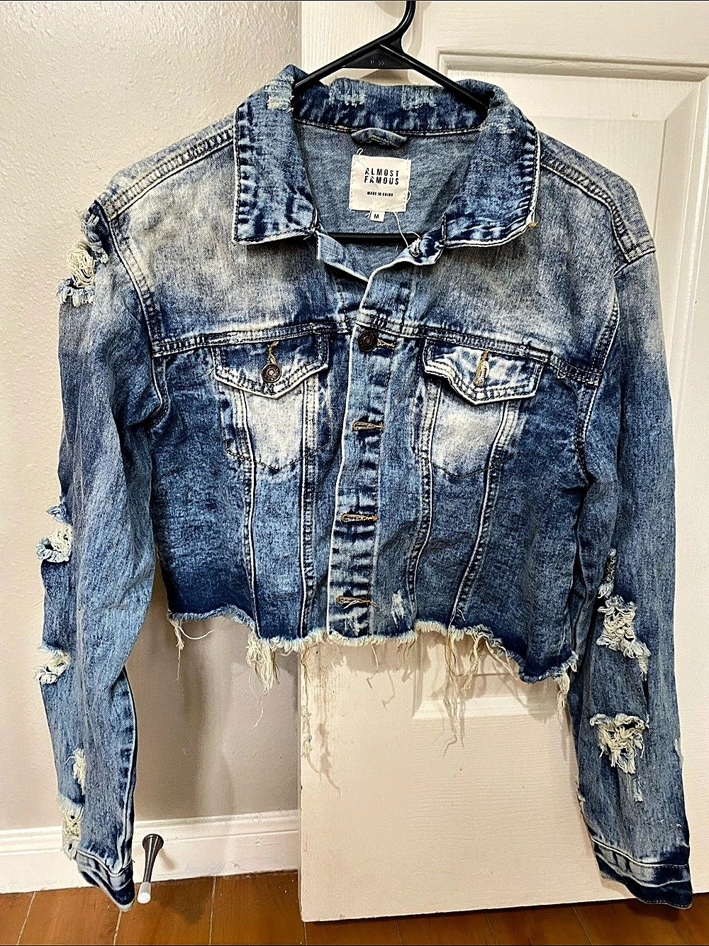 Almost Famous Distressed Denim Cropped Jacket Size Medium